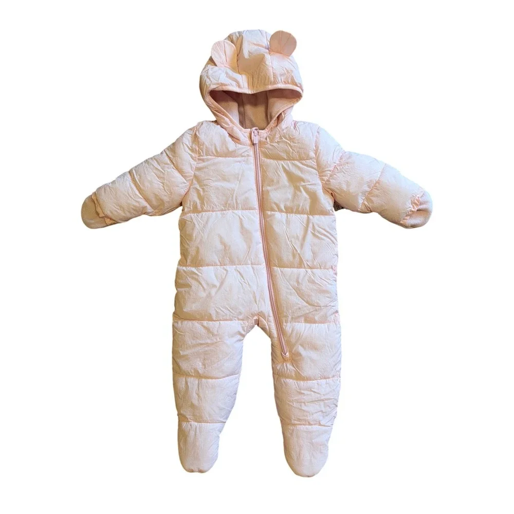 NEW 6-12 Month Old Navy Baby Pink Puffer Snowsuit Water Resistant Fleece Lined